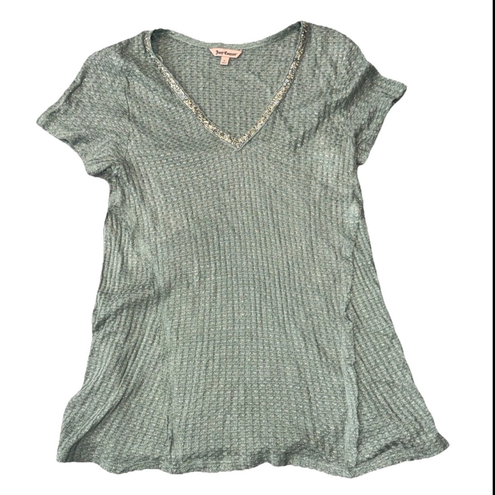 Juicy Couture Textured Green V-Neck Tee Size Medium